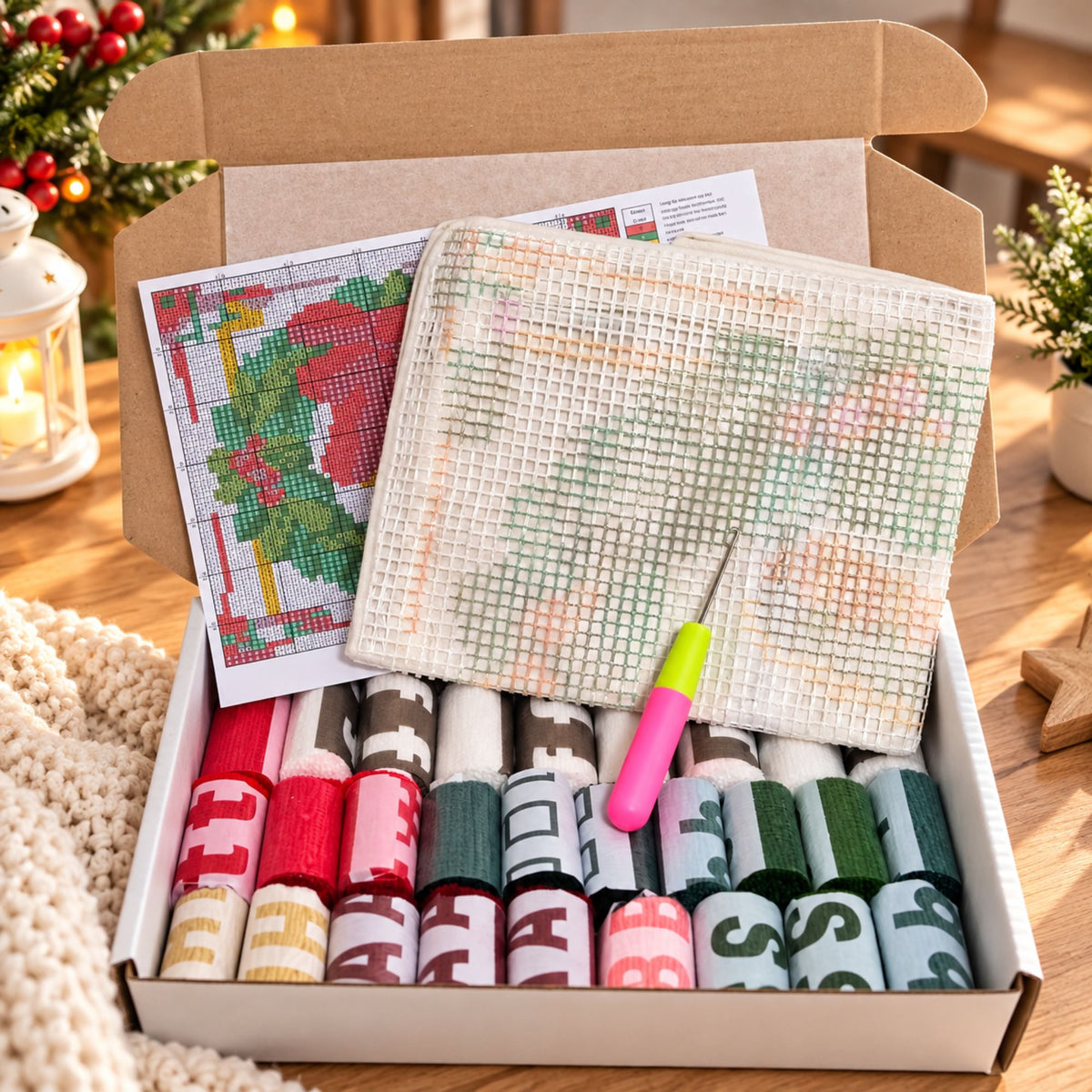 Latch Hook Kussen Kerstkrans 43x43 cm – Compleet DIY Pakket