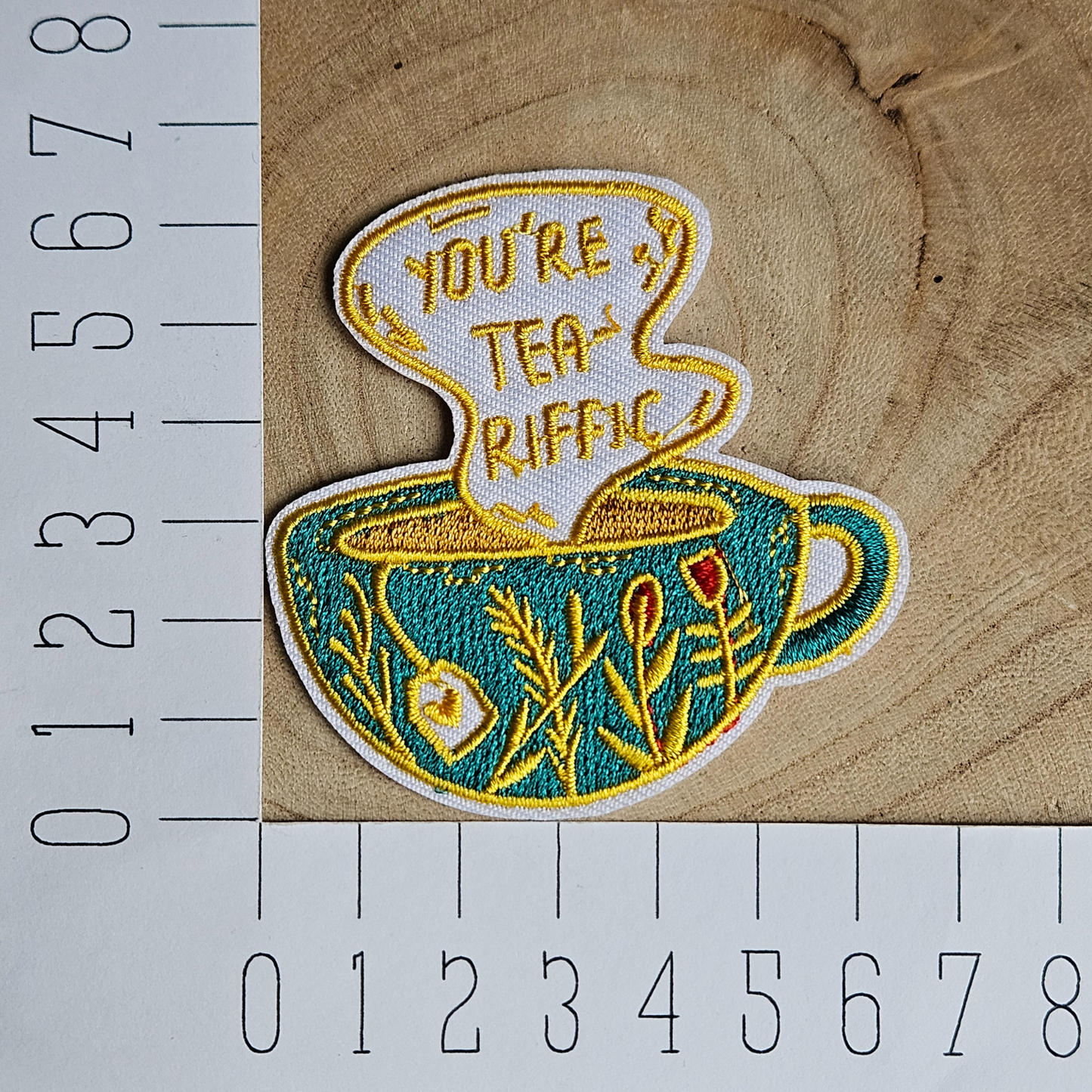 Strijk embleem - Iron on Patch - Kopje thee - You're tea riffic