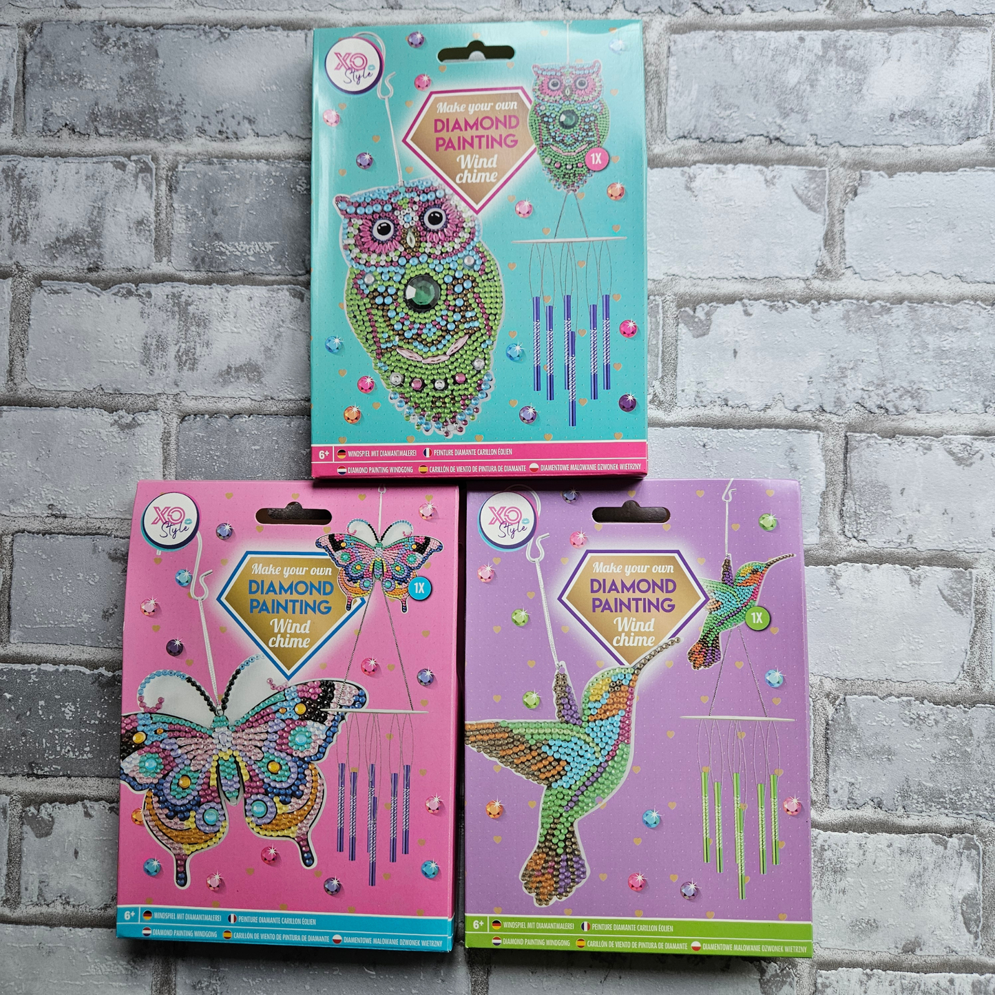 Diamond painting wind chime bundel - 3 stuks - Kolibri, uil en vlinder