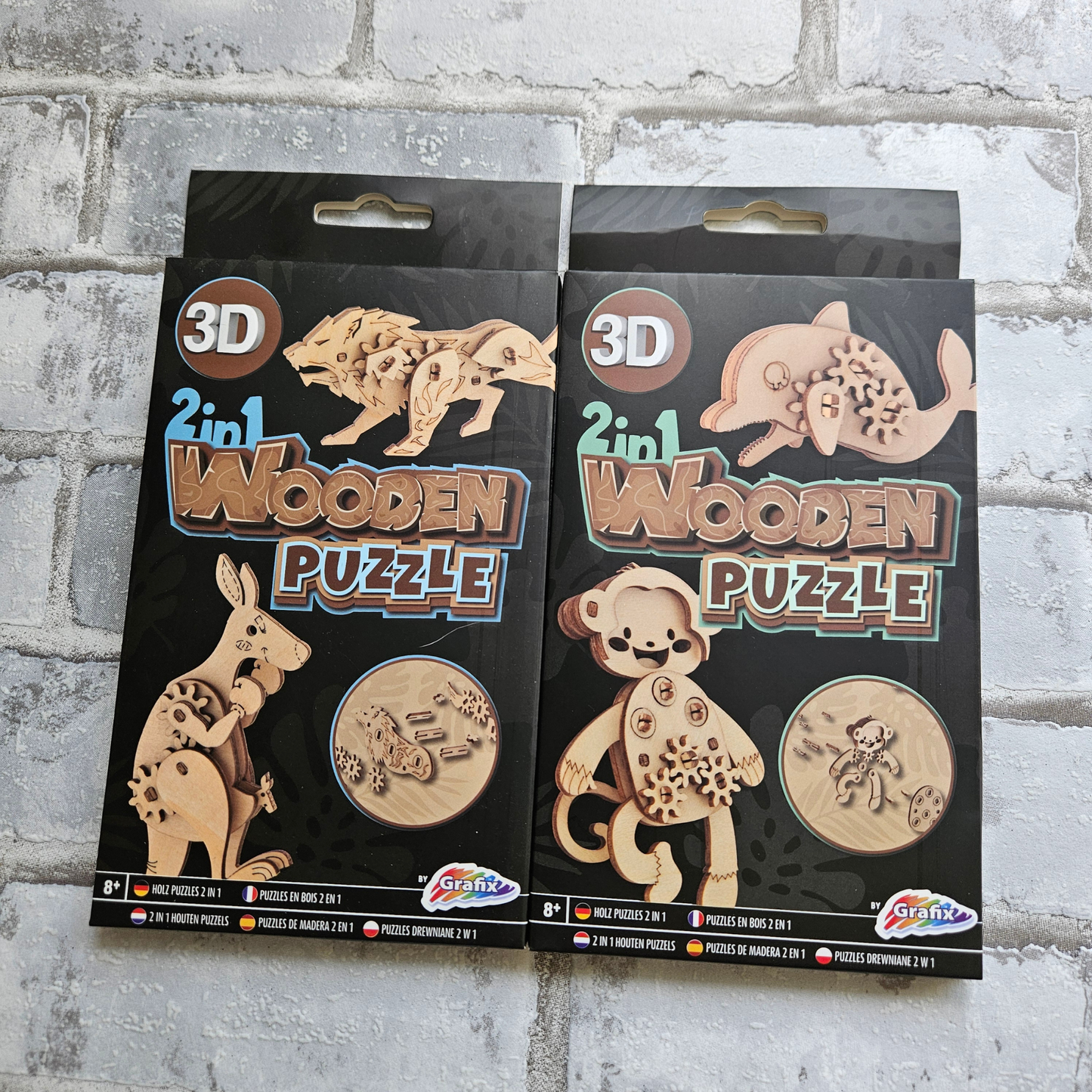 2 in 1 houten puzzel bundel - Leeuw en Kangaroe & Dolfijn en aapje