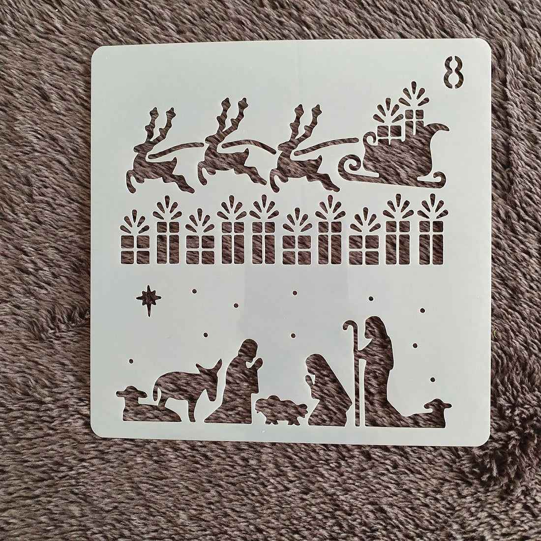 Hobby stencil Kerst - Cadeau, slee, stal - 13 x 13