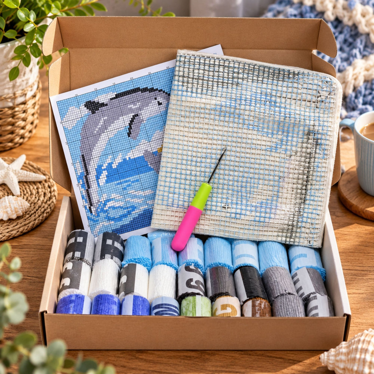 Latch Hook Kussen Dolfijnen 43x43 cm – Compleet DIY Pakket