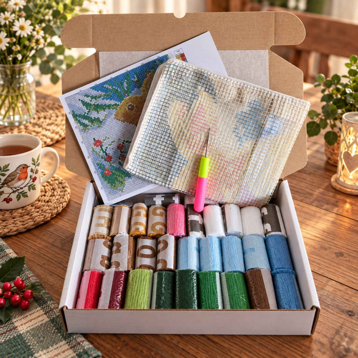 Latch Hook Kussen Konijntje in de Sneeuw 43x43 cm – DIY Pakket