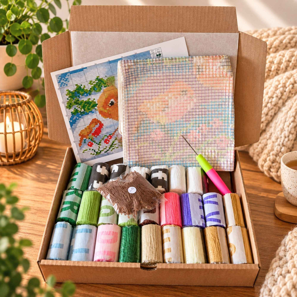 Latch Hook Kussen Konijntje & Roodborstje 43x43 cm – DIY Pakket