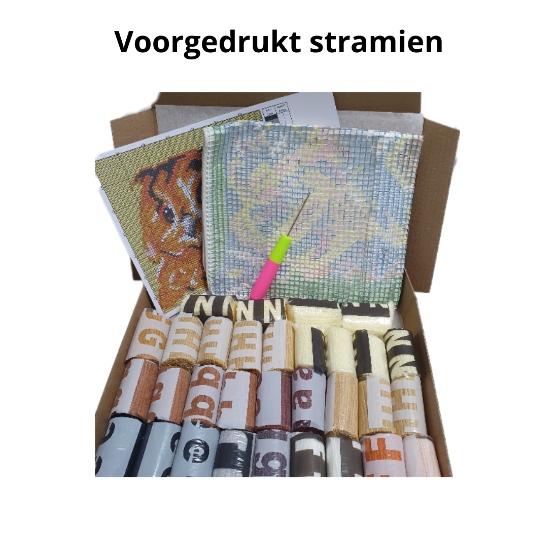 Inhoud van de DIY kit latch hook kussen uil