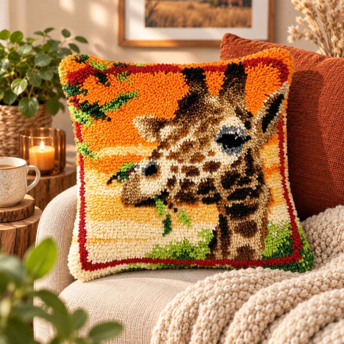 Latch Hook Kussen Giraffe 43x43 cm – Compleet DIY Pakket