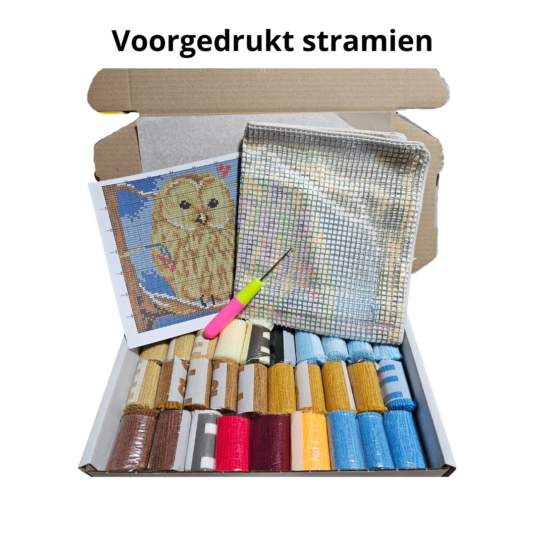 Uil in de sneeuw latch hook kussen, DIy kit