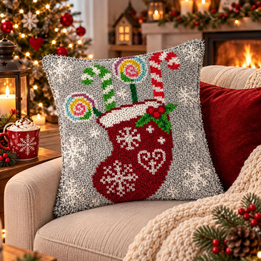 Latch Hook Kussen Kerstsok - 43x43 cm – Compleet DIY Pakket