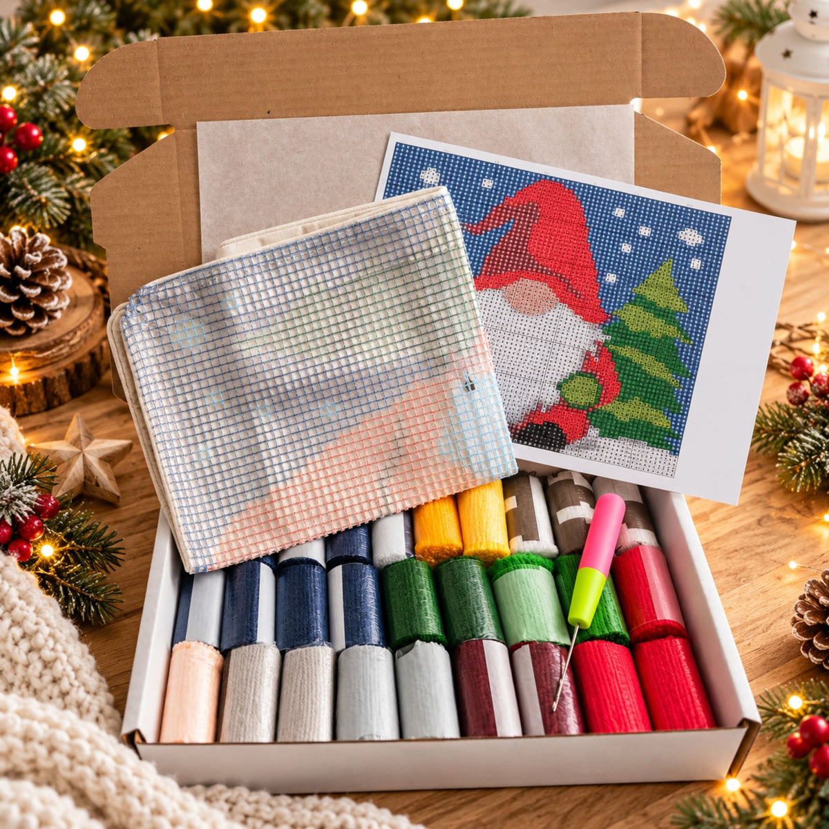 Latch Hook Kussen Gnome in de Sneeuw 43x43 cm – Compleet DIY Pakket