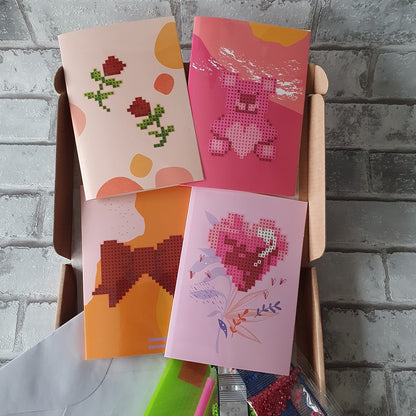 Diamond painting kaarten - Strik, beer, hartje en roos