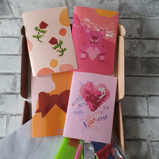 Diamond painting kaarten - Strik, beer, hartje en roos