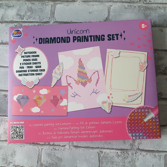 Diy diamond painting set voor het maken van een etui, notitieboekje, stickers en foto frame met het thema eenhoorn