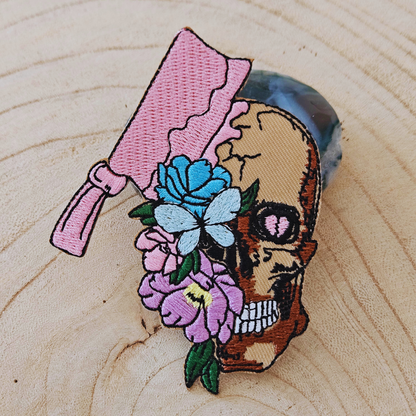 Strijk embleem  -  Iron on Patch - Schedel met bloemen