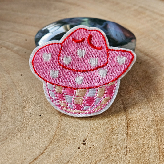 Strijk embleem  -  Iron on Patch - Roze discobal met cowboy hoed