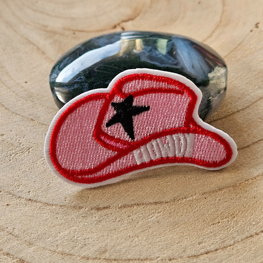 Strijk embleem  -  Iron on Patch - Roze cowboyhoed met ster en howdy