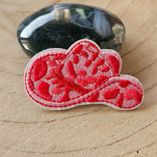 Strijk embleem  -  Iron on Patch - Roze cowboy hoed vlekker print