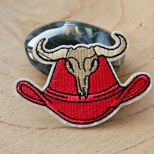 Strijk embleem  -  Iron on Patch - Roze hoed met runder schedel