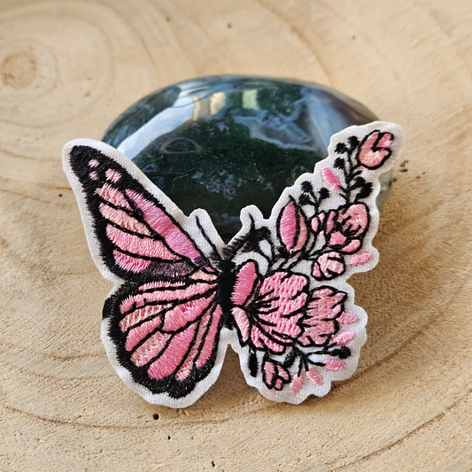 Strijk embleem  -  Iron on Patch - Roze vlinder met bloemen
