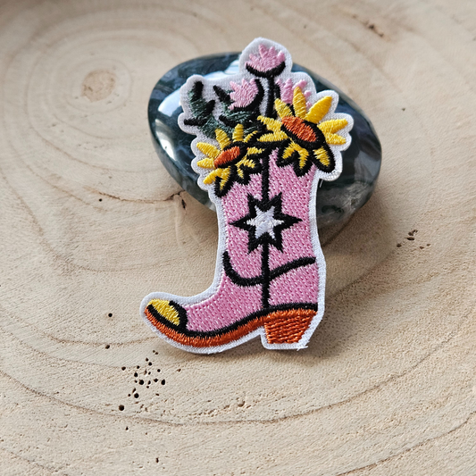 Strijk embleem  -  Iron on Patch - Roze cowboylaars bloemen