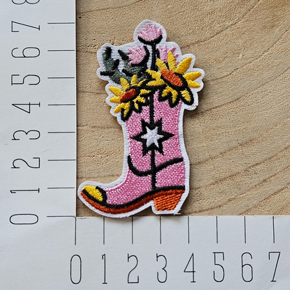 Strijk embleem  -  Iron on Patch - Roze cowboylaars bloemen