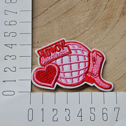 Strijk embleem  -  Iron on Patch - Roze discobal met laars en hart