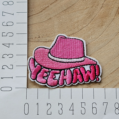 Strijk embleem  -  Iron on Patch - Roze cowboy hoed yeehaw