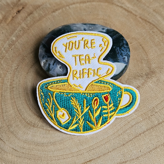 Strijk embleem  -  Iron on Patch - Kopje thee - You're tea riffic