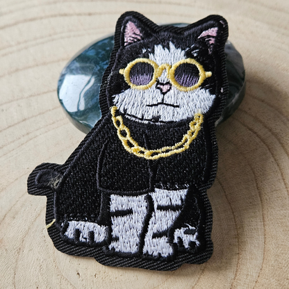 Strijk embleem  -  Iron on Patch - Kat met gouden kettingen