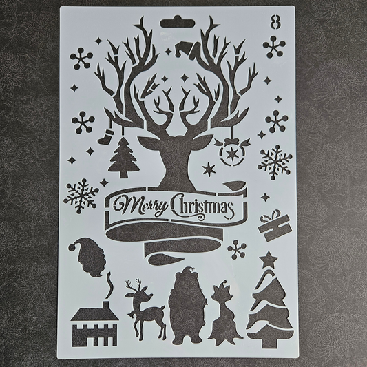 Hobby stencil Kerst - Merry Christmas, rendier - A5+