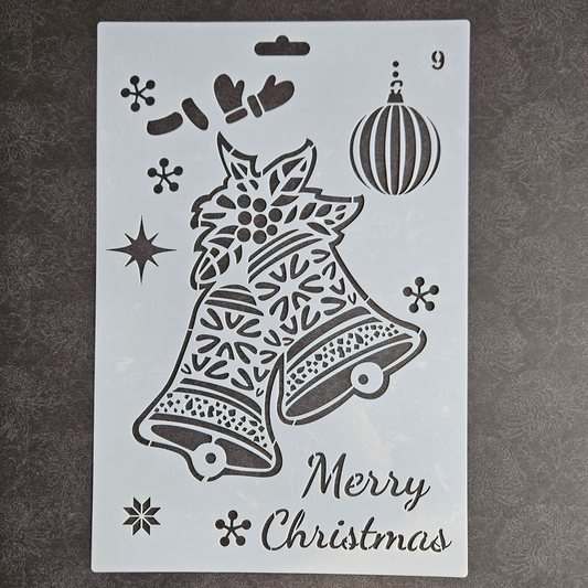 Hobby stencil Kerst - Merry Christmas, kerstklokken - A5+