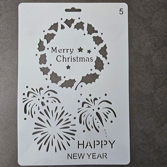 Hobby stencil -  Krans Merry Christmas, vuurwerk - A5+