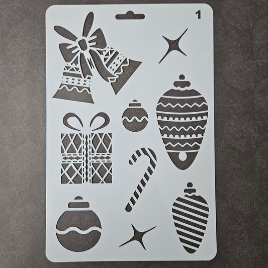 Hobby stencil -  Kerst figuurtjes bel, cadeau, kerstbal - A5+