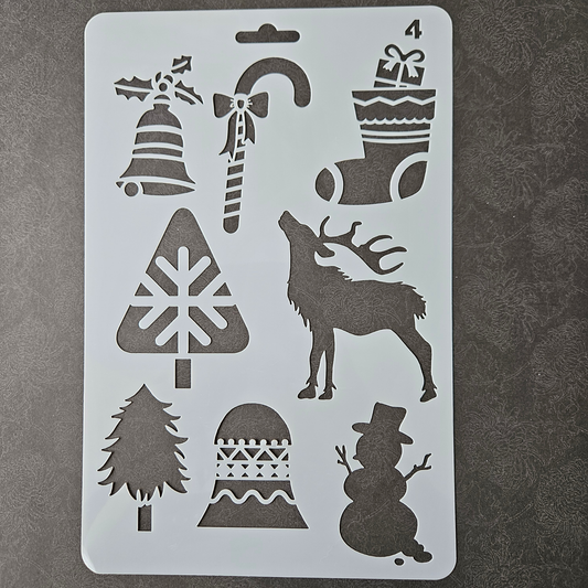 Hobby stencil - Kerst figuurtjes rendier, kerstboom, bel - A5+