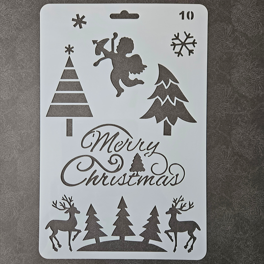 Hobby stencil -  Merry Christmas engel, bomen, rendieren - A5+
