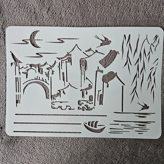 Hobby stencil - Scene stadje aan het water - A4