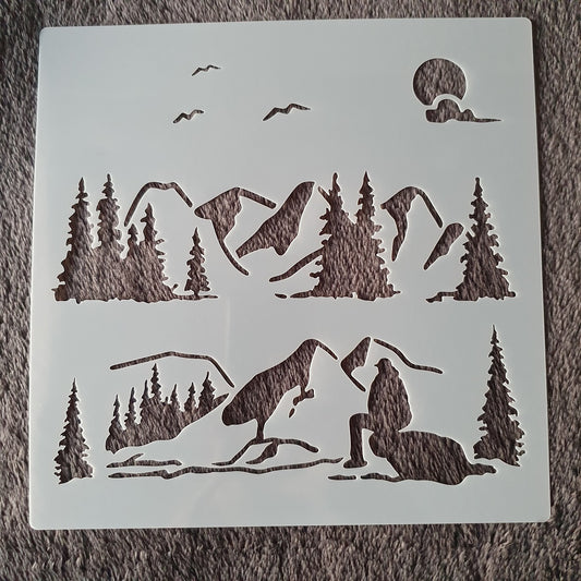 Hobby stencil Scene bossen en bergen - 20 x 20 cm