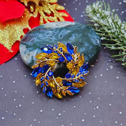 Broche - Krans blauw geel - Kerst