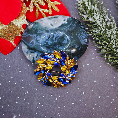 Broche - Krans blauw geel - Kerst