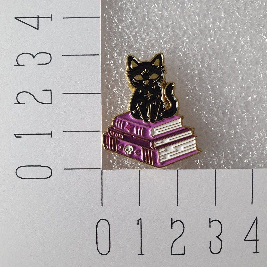 Enamel pin kat op stapel boeken afmeting