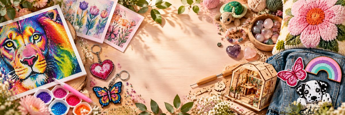 Kleurrijke banner van Hobby en Meer met creatieve hobbyartikelen, DIY-pakketten en handgemaakte cadeaus, vol inspiratie voor jong en oud.