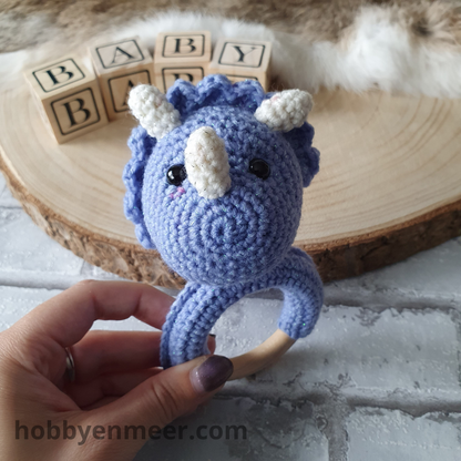 Dino op houten ring - Blauw - Hobby en meer  