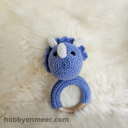 Dino op houten ring - Blauw - Hobby en meer  