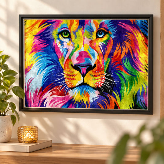Diamond painting Leeuw in regenboog kleuren - 30 x 40 cm - Ronde steentjes