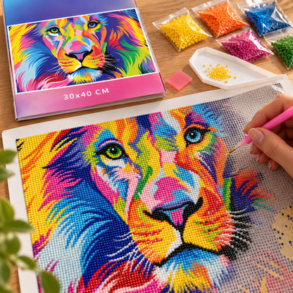 Diamond painting Leeuw in regenboog kleuren - 30 x 40 cm - Ronde steentjes