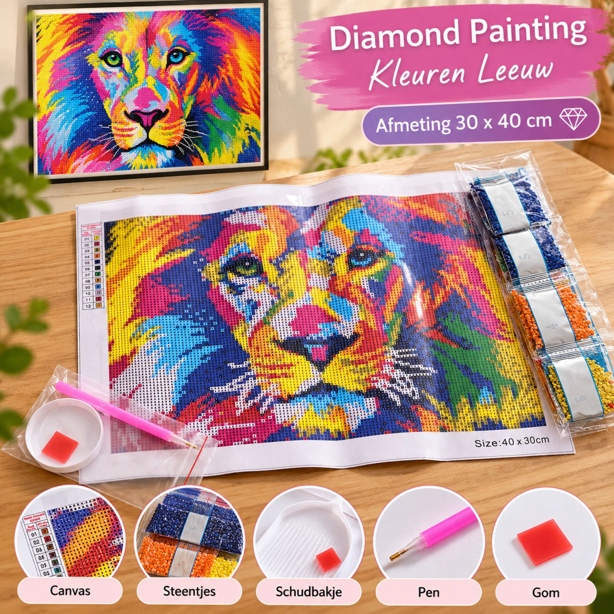 Diamond painting Leeuw in regenboog kleuren - 30 x 40 cm - Ronde steentjes