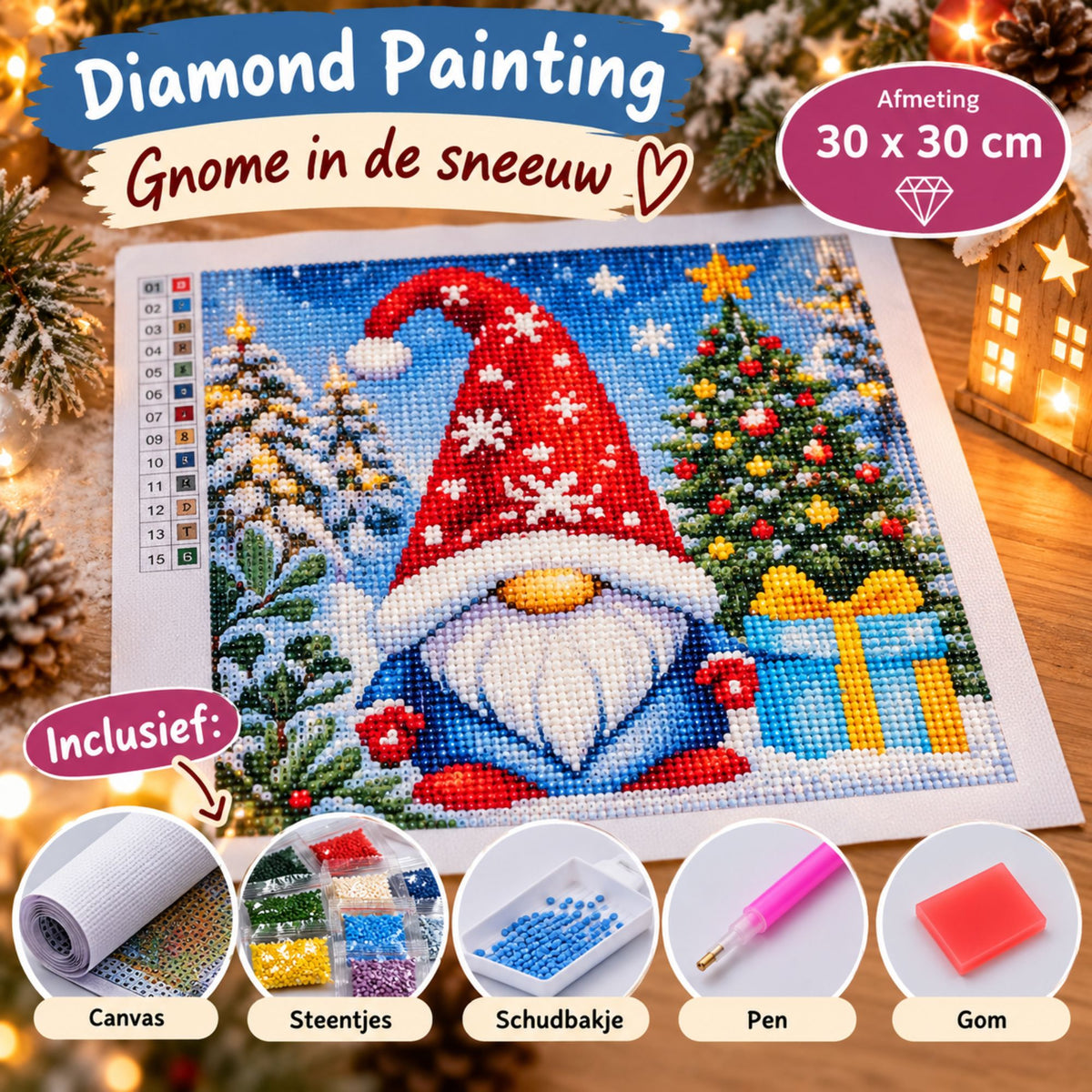 Diamond painting Kerst gnome - 30 x 30 cm - Ronde steentjes