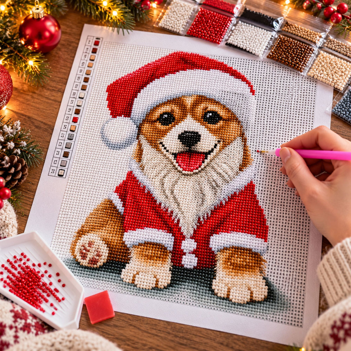 Diamond painting Kerst hondje - 30 x 40 cm - Ronde steentjes