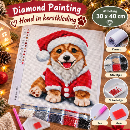 Diamond painting Kerst hondje - 30 x 40 cm - Ronde steentjes