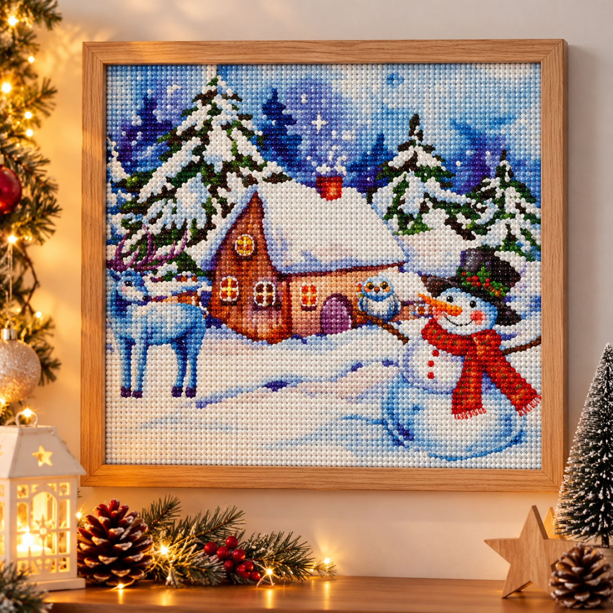 Diamond painting Kersthuisje in de sneeuw - 30 x 40 cm - Ronde steentjes