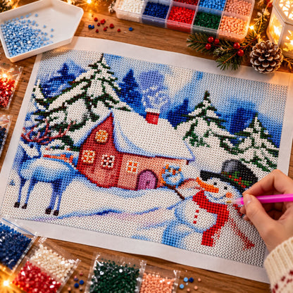 Diamond painting Kersthuisje in de sneeuw - 30 x 40 cm - Ronde steentjes